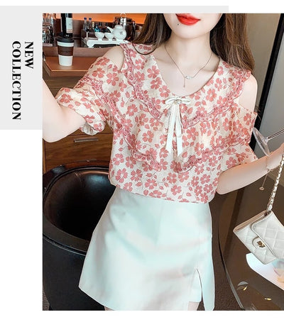 Blusa Chiffon Floral Hombro Descubierto - Camisa Romántica de Manga Corta - Image 22