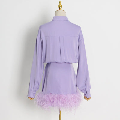 Vestido Camisero Satinado con Plumas - Manga Larga Color Sólido - Image 4