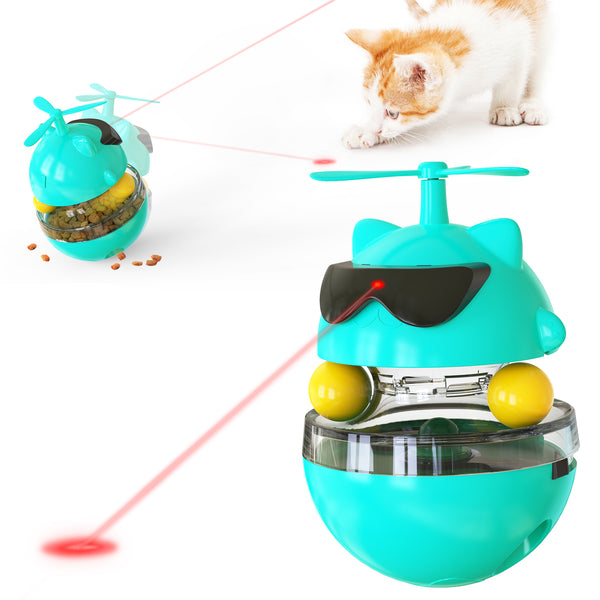 Yellow cat toy shaped like a cat's head with sunglasses and a propeller, featuring a tumbler base with a laser.