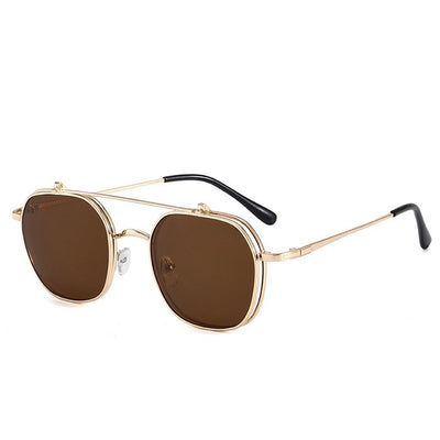 Gold frame flip-up sunglasses with brown lenses, featuring a double-layer design and black temple tips. - Image 7