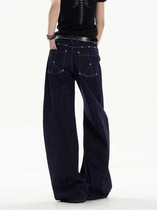 Pantalones Jeans Azul Oscuro Retro Corte Recto Ancho Casual - Image 7