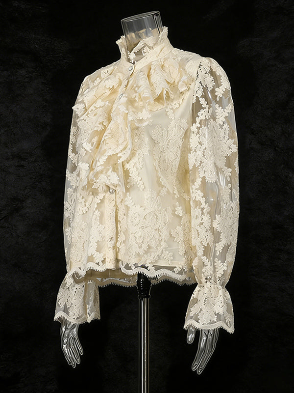 Blusa Retro con Encaje Floral 3D y Mangas Largas
