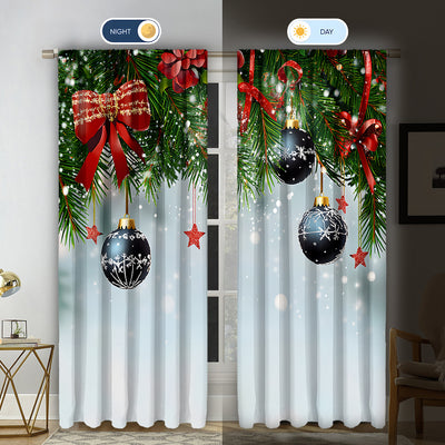 Pair of Christmas curtains with a 3D digital print of a snowy winter window scene, frosted trees, and snowflakes. - Image 27
