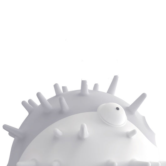 White and grey pufferfish-shaped dog toy with spikes, designed to be bite-resistant and vocal. - Image 6