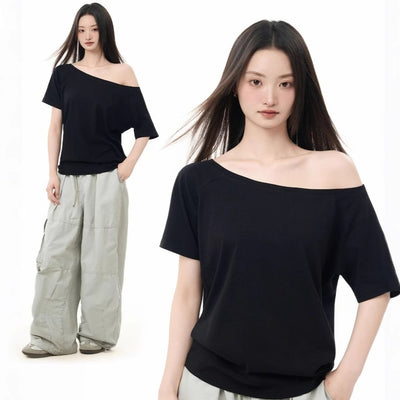 Blusa Holgada de Hombro Oblicuo Manga Corta para Mujer