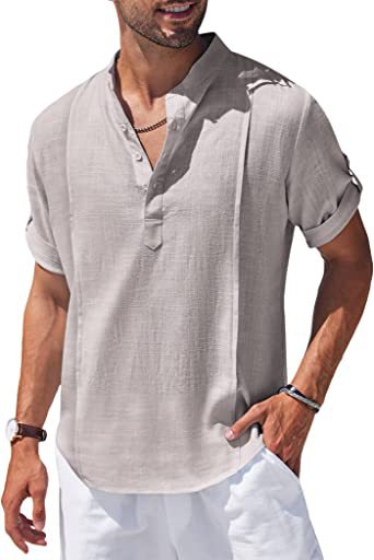 Camisa Lino Henley Hombre Manga Corta Casual Playa Verano - Image 17