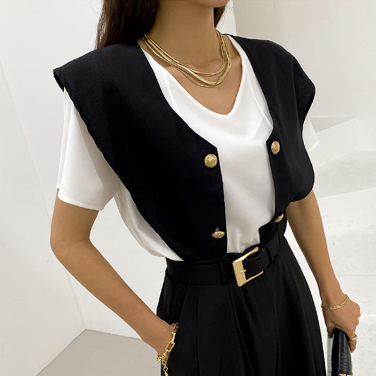 Camisa Suelta Doble Botonadura con Chal Contrastante Desmontable - Image 2
