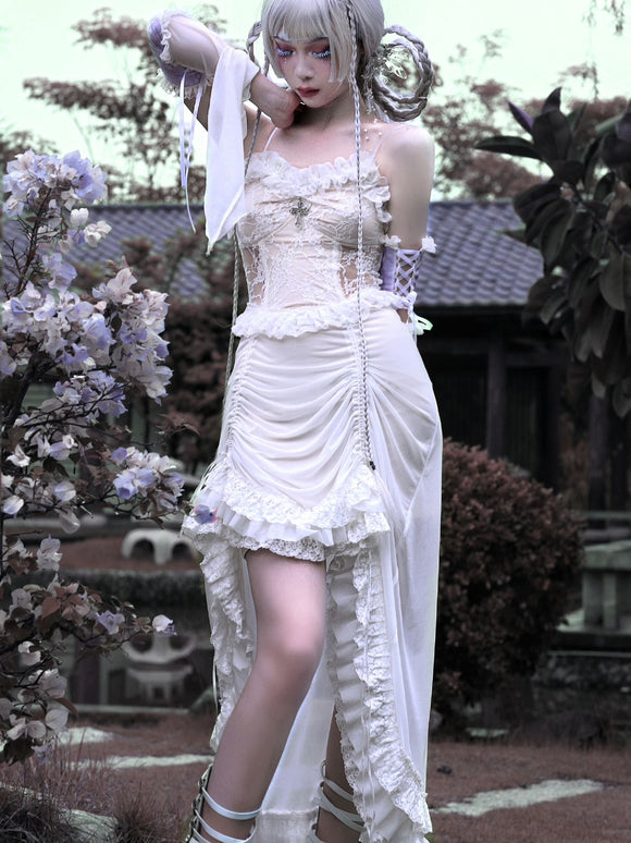 Vestido Gótico Blanco Estilo Chino con Malla y Cordón - Diseño Dark Verano
