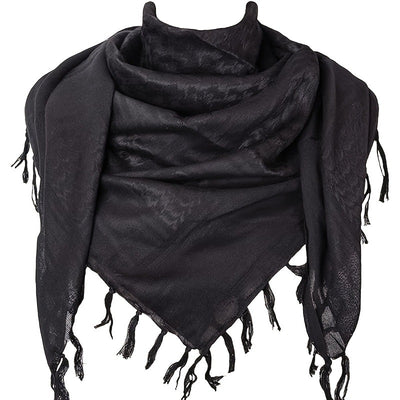 Black and grey patterned shemagh scarf made of 100% cotton, featuring geometric designs and tassels. - Image 3