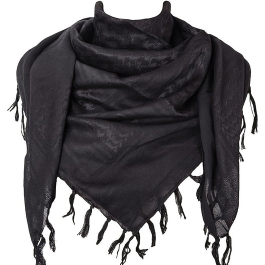 Black and grey patterned shemagh scarf made of 100% cotton, featuring geometric designs and tassels. - Image 3