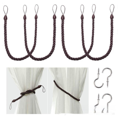 Four beige twisted rope curtain tie-backs with loops, shown with two silver screw-in hooks and on sheer white curtains. - Image 10