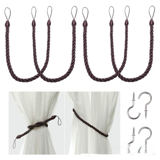 Four beige twisted rope curtain tie-backs with loops, shown with two silver screw-in hooks and on sheer white curtains. - Image 10