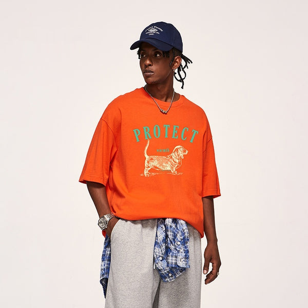 Camiseta Suelta Estampada con Diseño de Perro para Hombre