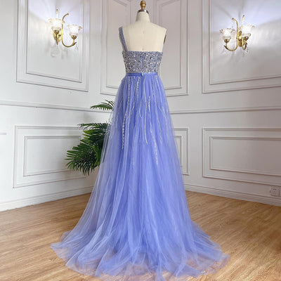 Vestido Fishtail Azul con Hombros Descubiertos y Cuentas Artesanales - Image 37