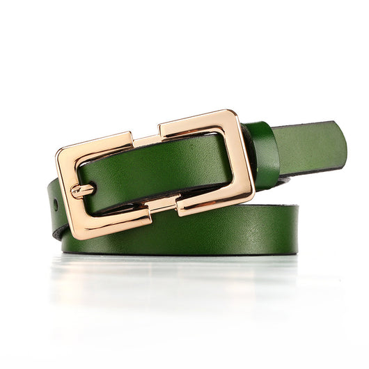Thin dark brown cowhide leather belt with a gold-colored rectangular pin buckle on a white background. - Image 9