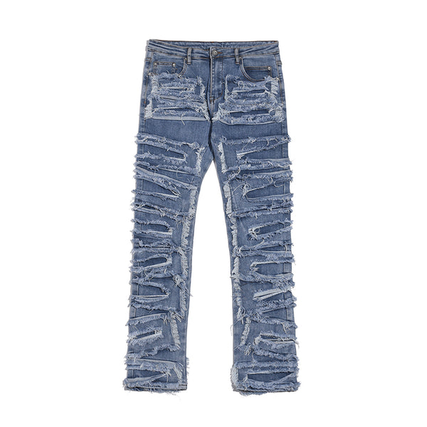 Jeans Slim Ajustados Vintage Desgastados con Cortes 3D para Hombre