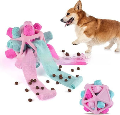 Colorful pet sniffing ball interactive toy with rolled fabric strips, shown with a corgi and scattered kibble. - Image 4