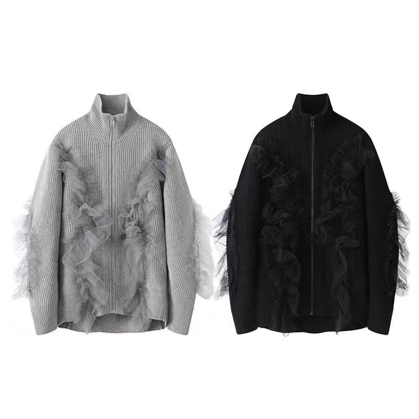 Cardigan Tejido con Cuello Alto y Detalles en Malla para Otoño e Invierno
