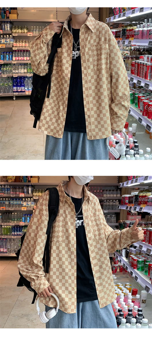 Camisa Suelta Estilo Japonés a Cuadros para Hombre - Manga Larga Primavera - Image 8