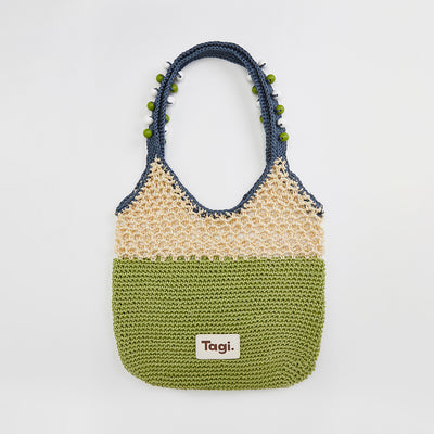 Bolsa Tejida Artesanal con Cuentas de Madera - Diseño Bicolor para Hombro - Image 7