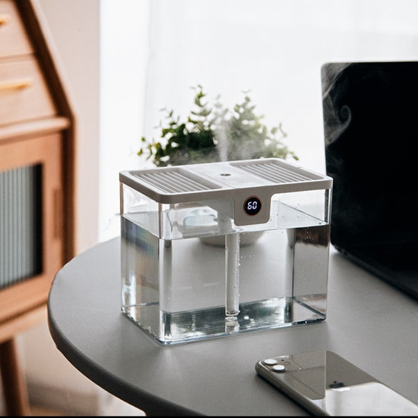 White rectangular humidifier with a gray handle and a digital display showing '86' on a white background.