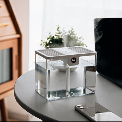 White rectangular humidifier with a gray handle and a digital display showing '86' on a white background.