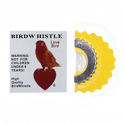 Red bird whistle with a serrated metal edge, next to a white label featuring a bird on a heart and a warning. - Image 14