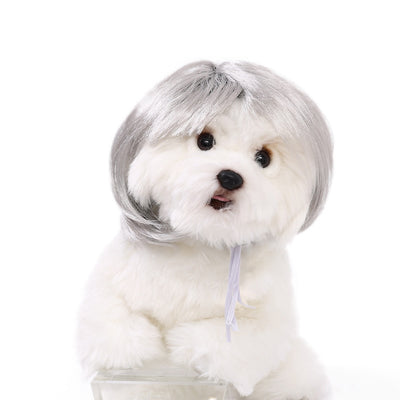 White fluffy dog plush toy wearing a short, straight grey bob wig with bangs and white tie ribbons. - Image 3
