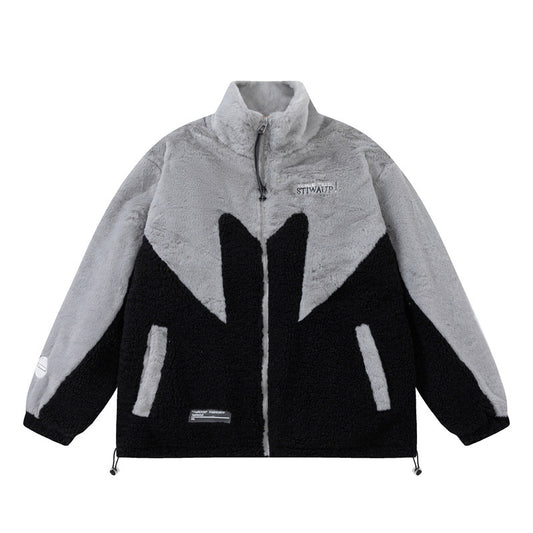 Chaqueta Acolchada Hip Hop con Bloque de Colores y Bordados en Lana de Cordero