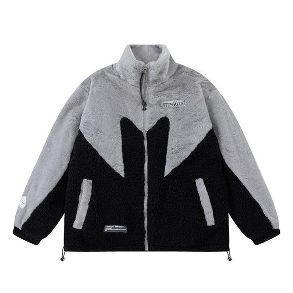 Chaqueta Acolchada Hip Hop con Bloque de Colores y Bordados en Lana de Cordero