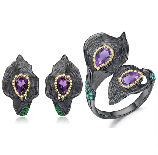Conjunto de Joyería Amatista en Forma de Flor - Plata 925 Plateada - Image 8