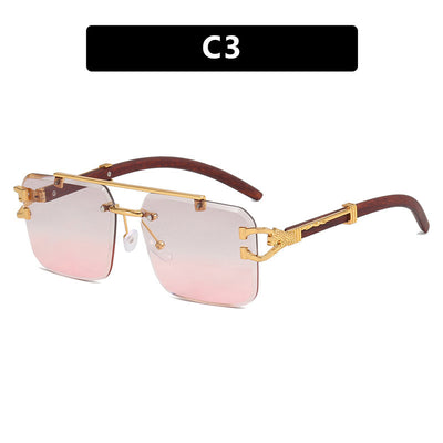 Pink gradient frameless square sunglasses with a double beam, gold-tone hardware, and dark wood-look temples. - Image 14