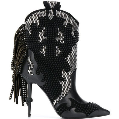 Botas Cortas Mujer Punta Afilada con Flecos y Bloques de Color