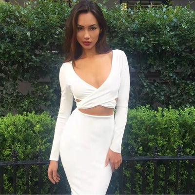 Vestido Escotado Manga Larga para Discoteca con Detalles en el Pecho y Ombligo