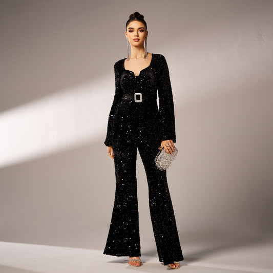 Jumpsuit de Fiesta Largo con Lentejuelas, Cuello Cuadrado y Ajuste Ceñido