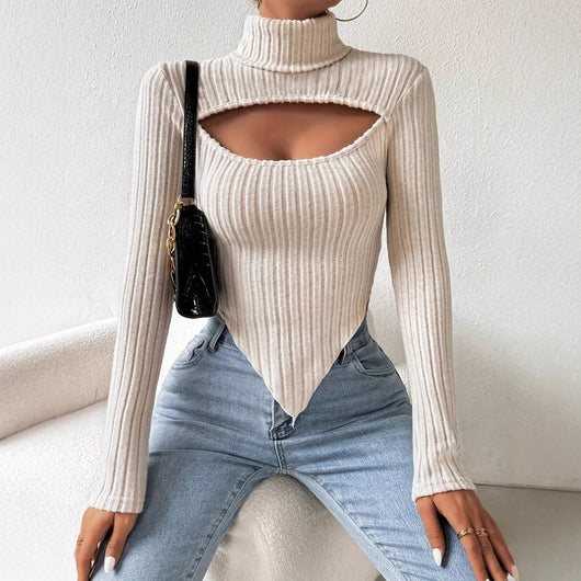 Blusa Tejida Rayada con Detalles Calados - Manga Larga Irregular Otoño Invierno