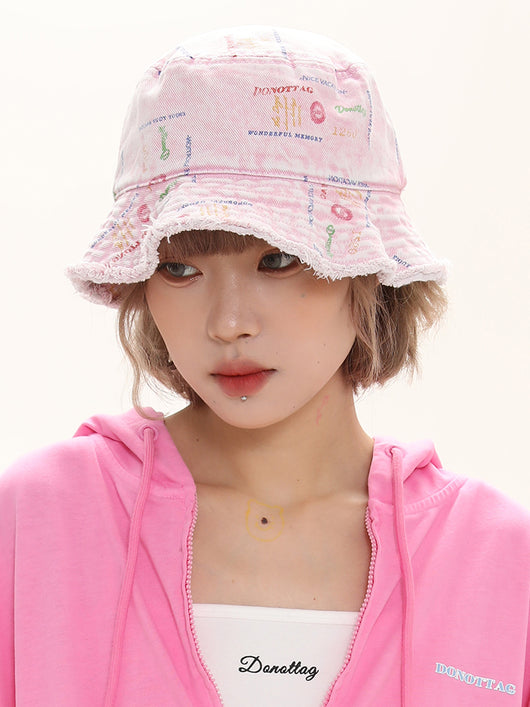 Gorra Bucket Denim Estampado Total con Bordes Crudos Versátil - Image 7