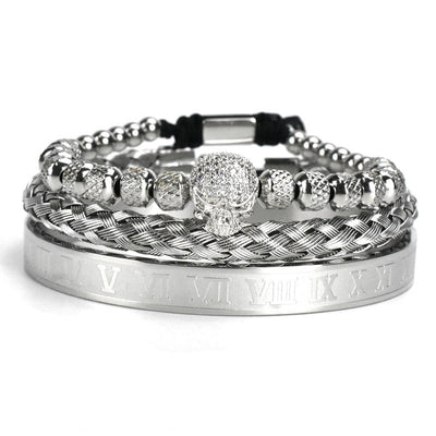 Pulsera de Acero Inoxidable con Calavera Retro y Letras Romanas Trenzadas - Image 6
