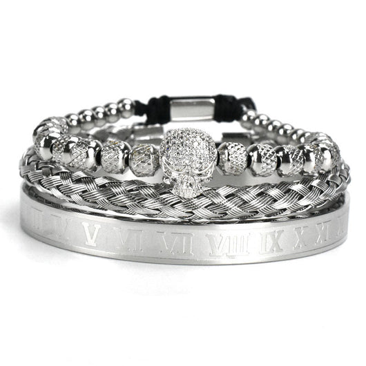 Pulsera de Acero Inoxidable con Calavera Retro y Letras Romanas Trenzadas - Image 6