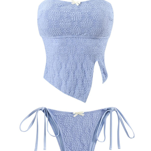 Light blue textured two-piece bikini with a strapless top and high-cut bottom with side ties and white bows. - Image 6