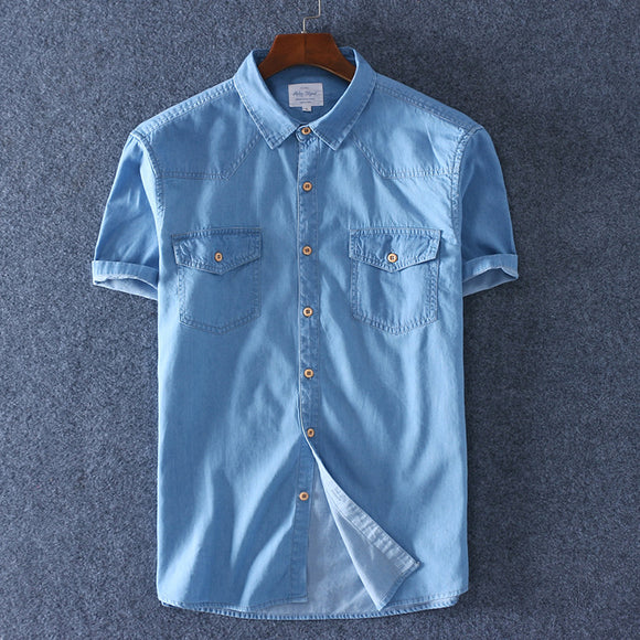 Camisa Denim de Algodón Manga Corta para Hombre - Comodidad de Verano