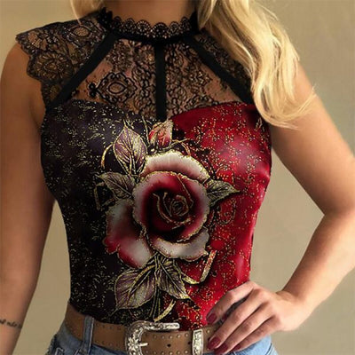 Blusa Casual Ajustada con Encaje Estampado para Mujer - Image 3