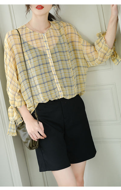 Blusa de Cuadros para Mujer con Mangas 3/4 y Cuello Redondo en Chifón - Image 18