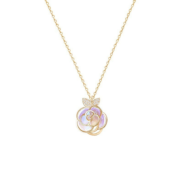 Gold-tone necklace with an iridescent camellia flower pendant and small clear stones on a delicate chain. - Image 5