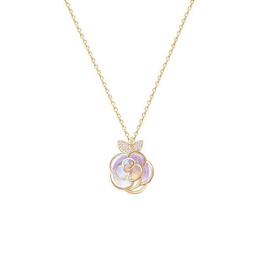 Gold-tone necklace with an iridescent camellia flower pendant and small clear stones on a delicate chain. - Image 5