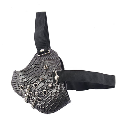 Black leather half-face mask with silver studs and grommets, featuring elastic head straps. - Image 2