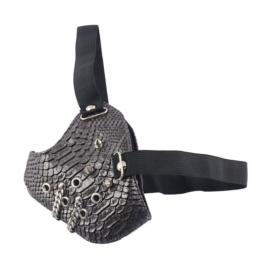 Black leather half-face mask with silver studs and grommets, featuring elastic head straps. - Image 2
