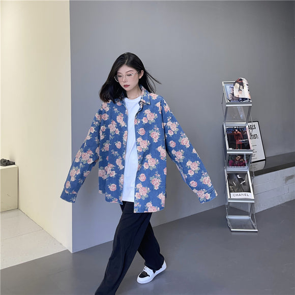 Camisa Vaquera Estampada de Manga Larga para Mujer
