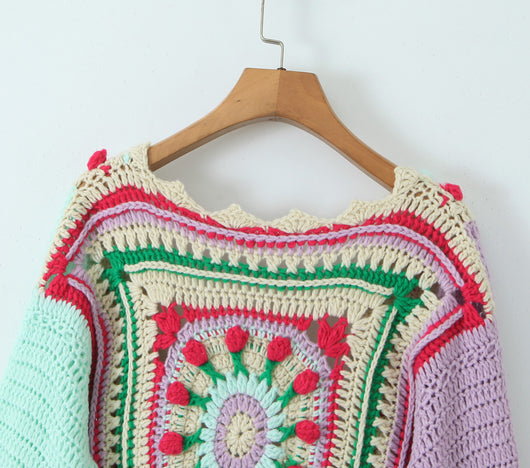 Suéter Tejido a Mano Jacquard Combinado - Manga Larga Estilo Vacacional - Image 10