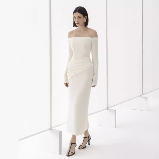 Vestido Elegante Cuello Barco con Mangas Campana y Cintura Ajustada - Image 3